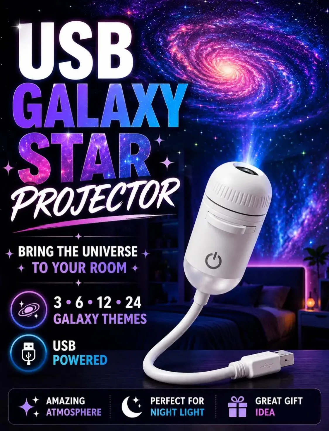 2-in-1 LED Galaxy Star Projector Night Light - USB Rechargeable Starry Sky Ambient Lamp for Bedroom and Party