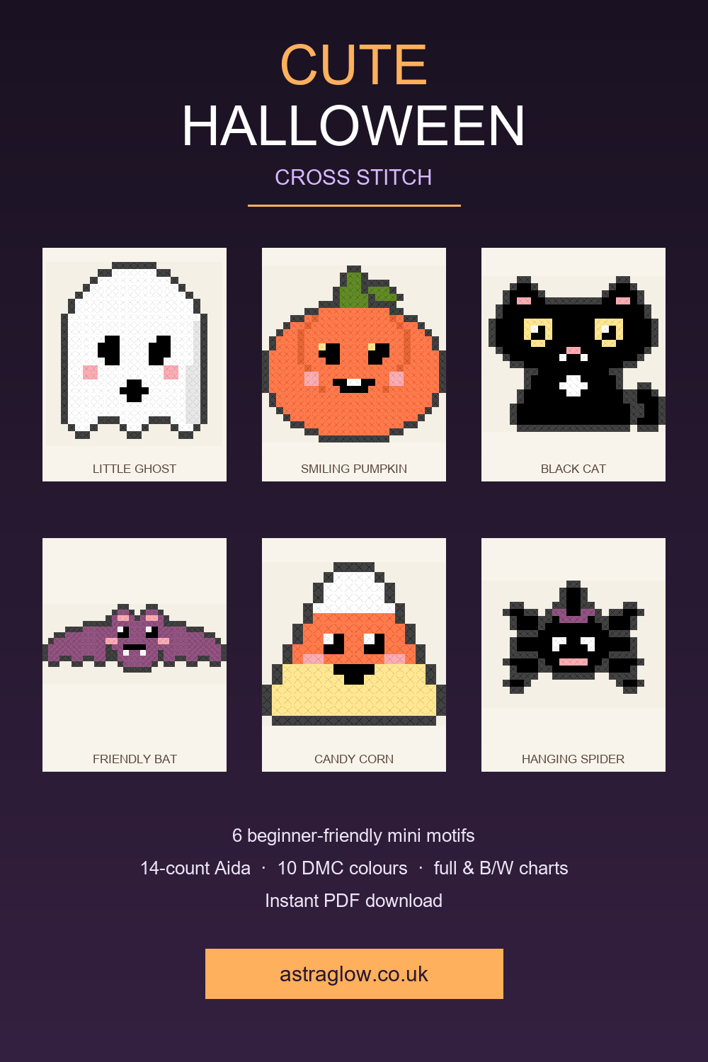 Cute Halloween Cross Stitch Pattern Pack - 6 Mini Motifs, Instant PDF Download